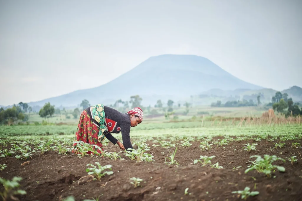 Agricultrice travaillant la terre au pied d’une montagne